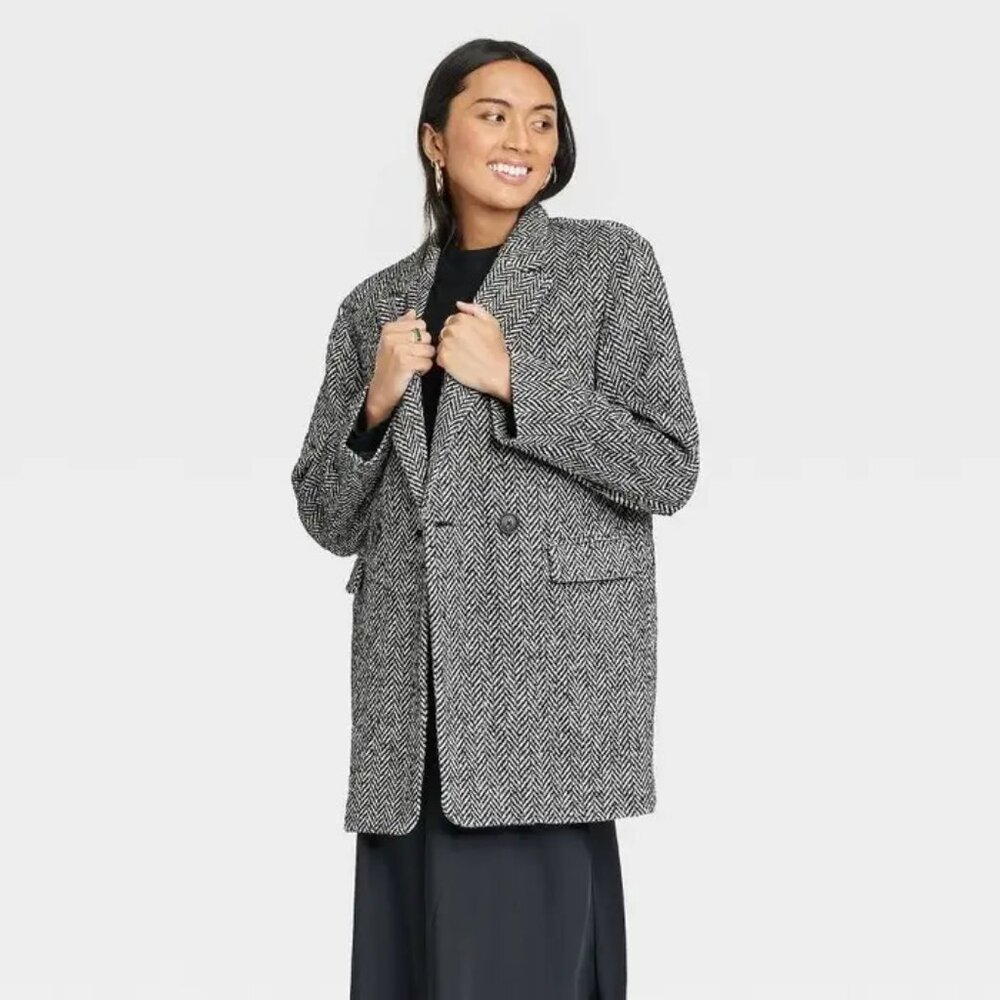 A New Day Double Breasted Blazer Coat in black and white herringbone size M